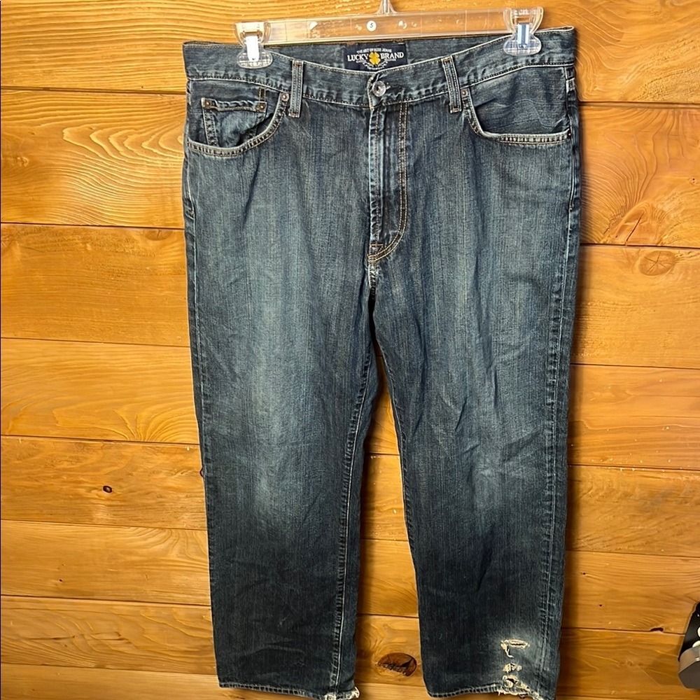 Lucky Brand 181 Relaxed Straight Jeans Mens 36x32 Blue Denim Distressed